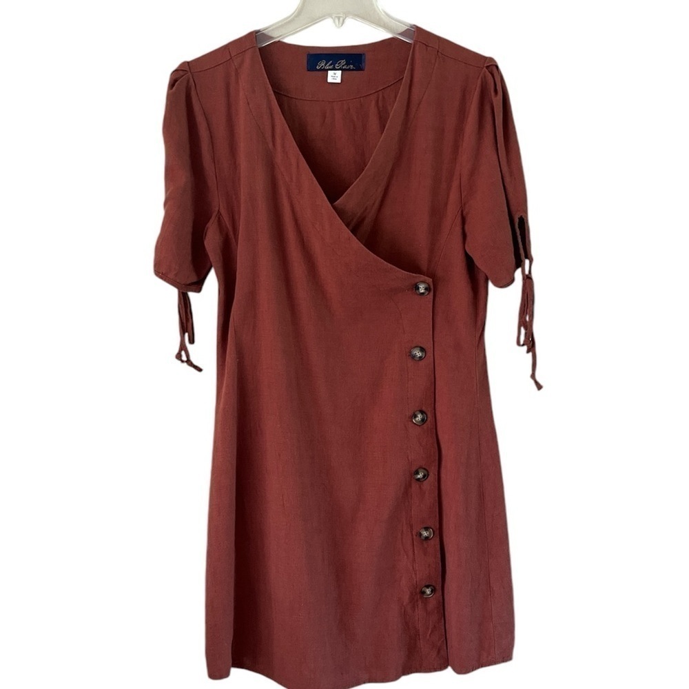 Blue Rain Button Down Wrap Dress Linen Blend Brown Size Medium Short Sleeves